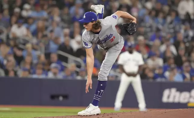 Los Angeles Dodgers pitcher Tyler Glasnow (31) throws the during first inning of a baseball game against the Toronto Blue Jays in Toronto, Saturday, April 27, 2024. (Chris Young/The Canadian Press via AP)