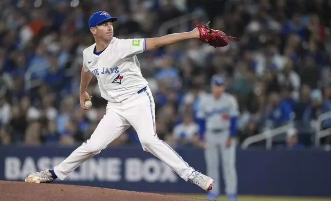 Toronto Blue Jays pitcher Chris Bassitt works against the Los Angeles Dodgers during the first inning of a baseball game Friday, April 26, 2024, in Toronto. (Nathan Denette/The Canadian Press via AP)