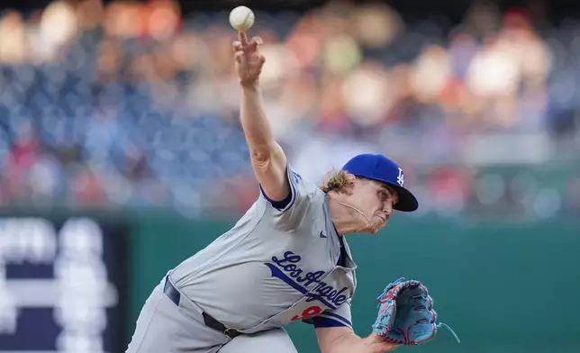 Los Angeles Dodgers starting pitcher Landon Knack throws during the first inning of the team's baseball game against the Washington Nationals at Nationals Park, Wednesday, April 24, 2024, in Washington.(AP Photo/Alex Brandon)