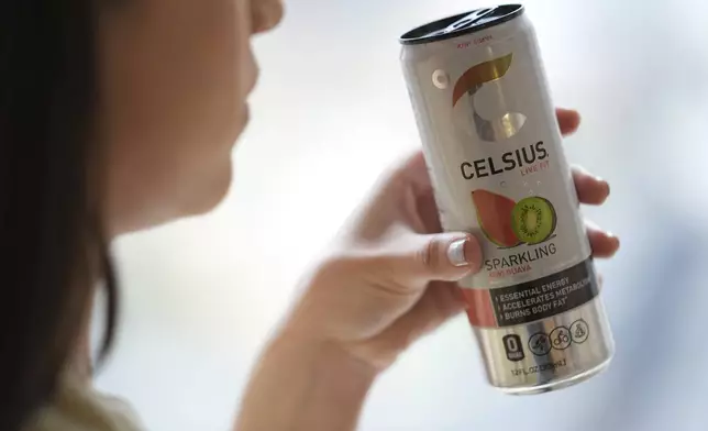 A can of Celsius, a fitness drink that is supposed to accelerate metabolism and burn body fat, is shown on Wednesday, April 10, 2024, in New York. The frenzy of functional beverages – drinks designed to do more than just taste good or hydrate - has grown into a multi-billion-dollar industry. (AP Photo/John Minchillo)