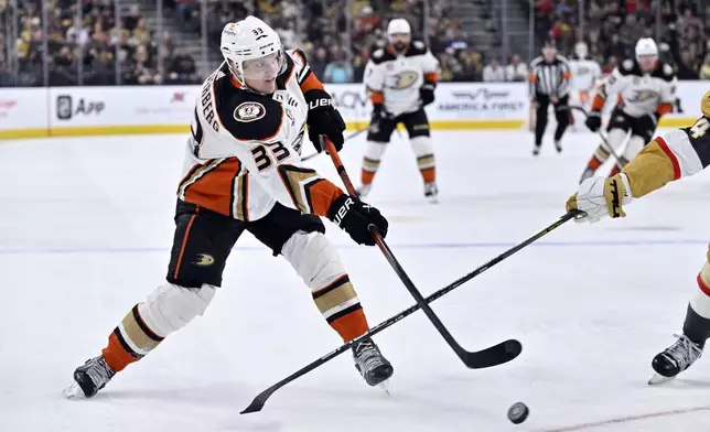 Anaheim Ducks right wing Jakob Silfverberg (33) shoots the puck against the Vegas Golden Knights during the first period of an NHL hockey game Thursday, April 18, 2024, in Las Vegas. (AP Photo/David Becker)