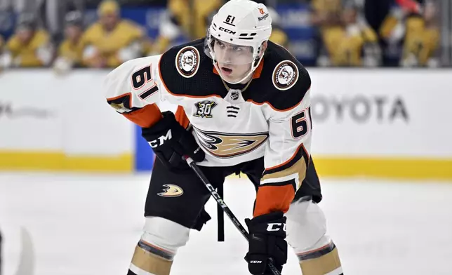 Anaheim Ducks right wing Cutter Gauthier waits for play to resume during the third period of the team's NHL hockey game against the Vegas Golden Knights on Thursday, April 18, 2024, in Las Vegas. (AP Photo/David Becker)