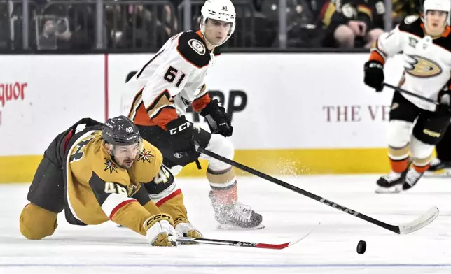Vegas Golden Knights center Tomas Hertl (48) dives for the puck next to Anaheim Ducks right wing Cutter Gauthier (61) during the first period of an NHL hockey game Thursday, April 18, 2024, in Las Vegas. (AP Photo/David Becker)