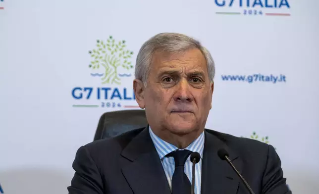 FILE - Italian Foreign Minister Antonio Tajani listens to questions during a press conference on G7 at the Foreign Ministry in Rome, Wednesday, Jan. 17, 2024. Group of Seven foreign ministers are holding a three-day meeting on the Italian resort island of Capri, starting Wednesday, April 17, with soaring tensions in the Mideast and Russia’s continuing war in Ukraine. Tajani said he spoke to Israel's Foreign Minister Israel Katz, on Tuesday, and urged Israel to not only de-escalate any reaction to Iran’s attack but to stave off a planned offensive into the southern Gaza city of Rafah. (AP Photo/Domenico Stinellis, File)