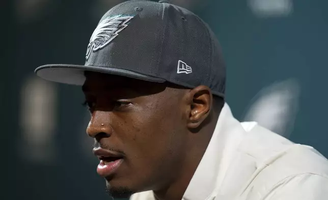 Philadelphia Eagles first-round draft pick Quinyon Mitchell speaks during a news conference held by the NFL football team Friday, April 26, 2024, in Philadelphia. (AP Photo/Chris Szagola)