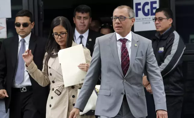 FILE - Ecuador's Vice President Jorge Glas leaves the General Attorney's Office after making a voluntary statement regarding his alleged connection with two corruption cases in Quito, Ecuador, Aug. 9, 2017. Ecuadorian police broke through the external doors of the Mexican Embassy in Quito, Friday, April 6, 2024, to arrest Glas, who had been residing there since December. (AP Photo/Dolores Ochoa, File)