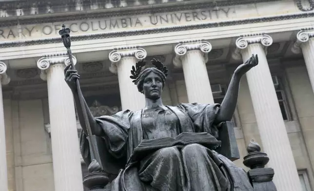 FILE - The statue of Alma Mater on the campus of Columbia University in New York, Oct. 10, 2007. Four months after a contentious congressional hearing led to the resignations of two Ivy League presidents, Columbia University’s president is set to appear before the same committee over questions of antisemitism and the school’s response to escalating conflicts on campus. Nemat Shafik, Columbia’s president, was originally asked to testify at the House Education and Workforce Committee’s hearing in December, but she declined, citing scheduling conflicts. (AP Photo/Diane Bondareff, File)