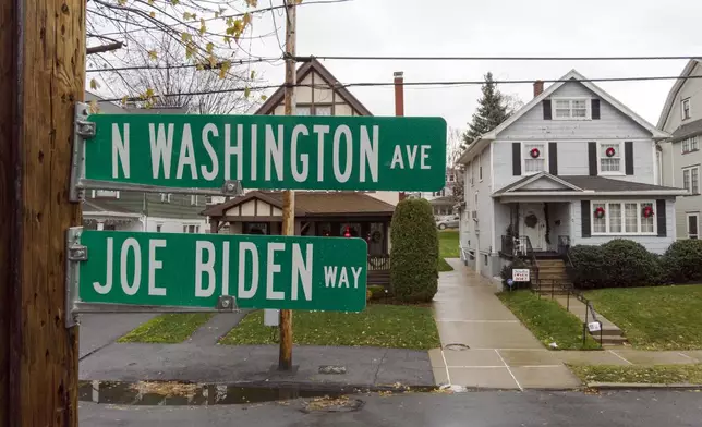 FILE - A Joe Biden Way road sign is seen in Scranton, Pa., on November 30, 2020. President Joe Biden will return to his childhood hometown of Scranton on Tuesday, April 16, 2024, to kick off three straight days of campaigning in Pennsylvania, capitalizing on the opportunity to crisscross the battleground state while Donald Trump spends the week in a New York City courtroom for his first criminal trial. (AP Photo/Ted Shaffrey, File)