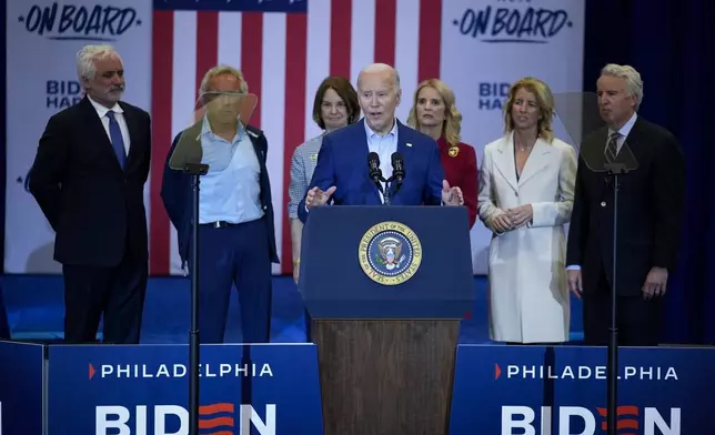 President Joe Biden speaks during a campaign event in Philadelphia, Thursday, April 18, 2024, with members of the Kennedy family.(AP Photo/Matt Rourke)