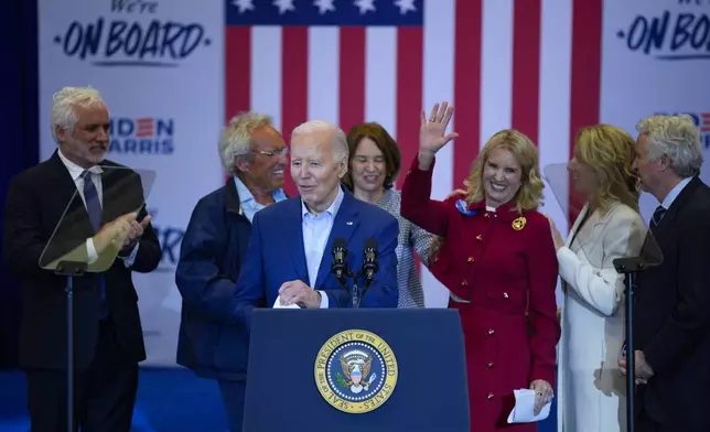 President Joe Biden speaks during a campaign event in Philadelphia, Thursday, April 18, 2024, with members of the Kennedy family. (AP Photo/Matt Rourke)