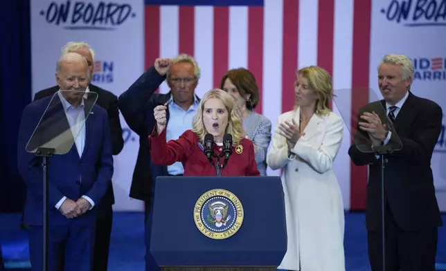 Kerry Kennedy speaks before President Joe Biden during a campaign event in Philadelphia, Thursday, April 18, 2024, with members of the Kennedy family. (AP Photo/Matt Rourke)
