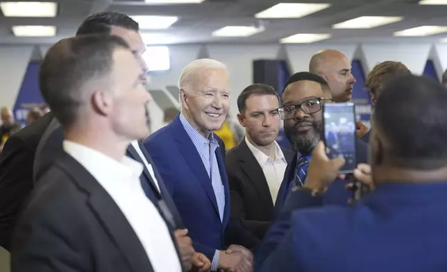 President Joe Biden meets with steelworkers at a campaign event at United Steelworkers Headquarters, Wednesday, April 17, 2024, in Pittsburgh, Pa. (AP Photo/Alex Brandon)