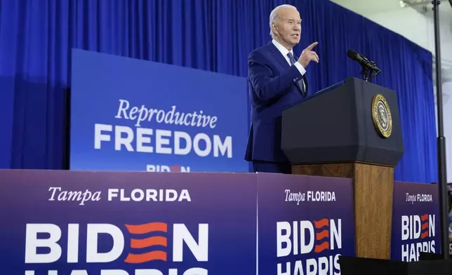President Joe Biden speaks about reproductive freedom on Tuesday, April 23, 2024, at Hillsborough Community College in Tampa, Fla. Biden is in Florida planning to assail the state's upcoming six-week abortion ban and similar restrictions nationwide. (AP Photo/Manuel Balce Ceneta)