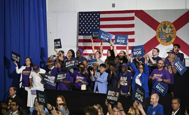 Supporters cheer as President Joe Biden speaks about reproductive freedom on Tuesday, April 23, 2024, at Hillsborough Community College in Tampa, Fla. Biden is in Florida planning to assail the state's upcoming six-week abortion ban and similar restrictions nationwide. (AP Photo/Phelan M. Ebenhack)