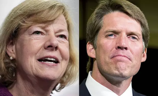 FILE - This combo image shows Sen. Tammy Baldwin, D-Wis., left, on Jan. 25, 2024, in Superior, Wis. and Eric Hovde, candidate for the U.S. Senate, on Aug. 14, 2012 in Peawaukee, Wis. The Wisconsin Senate race between Democratic Sen. Tammy Baldwin and Republican Eric Hovde is setting up as one of the most competitive and expensive Senate races in the country. (AP Photo/Alex Brandon/Tom Lynn, File)