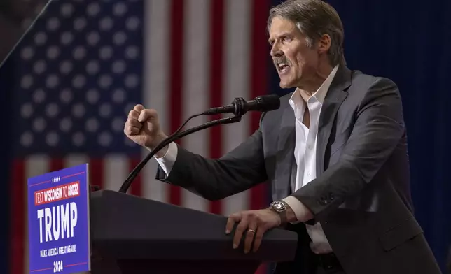 Madison, Wis. businessman and Republican U.S. Senate candidate, Eric Hovde speaks, Tuesday April 2, 2024, at a former President Donald Trump rally in Green Bay, Wis. The Wisconsin Senate race between Democratic Sen. Tammy Baldwin and Republican Eric Hovde is setting up as one of the most competitive and expensive Senate races in the country. (AP Photo/Mike Roemer)