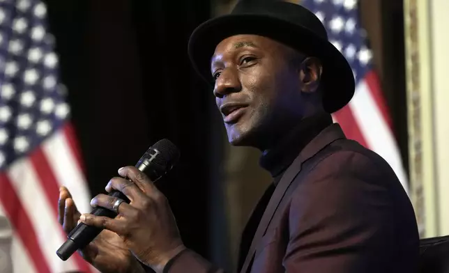 Singer-songwriter Aloe Blacc speaks during an event on the White House complex in Washington, Tuesday, April 23, 2024, with notable suicide prevention advocates. The White House held the event on the day they released the 2024 National Strategy for Suicide Prevention to highlight efforts to tackle the mental health crisis and beat the overdose crisis. (AP Photo/Susan Walsh)