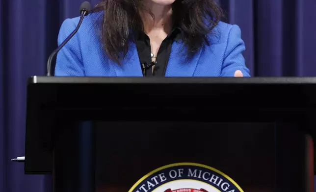 Michigan Attorney General Dana Nessel talks about charging former House Speaker Lee Chatfield, Tuesday, April 16, 2024, in Lansing, Mich. Prosecutors charged Chatfield and his wife with financial crimes Tuesday, alleging they milked political accounts for personal travel, housing and other benefits while the Republican lawmaker was raising millions of dollars from his powerful post. (Al Goldis/Detroit News via AP)