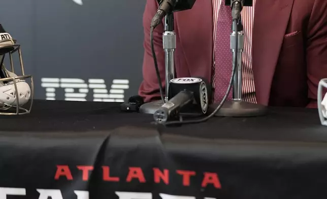 Atlanta Falcons first round draft choice quarterback Michael Penix Jr., speaks during a news conference Friday, April 26, 2024, in Flowery Branch, Ga. (AP Photo/John Bazemore)
