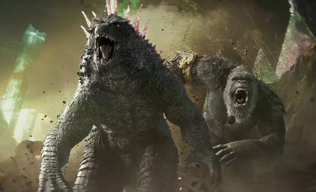 This image released by Warner Bros. Pictures shows Godzilla, left, and Kong in a scene from "Godzilla x Kong: The New Empire." (Warner Bros. Pictures via AP)