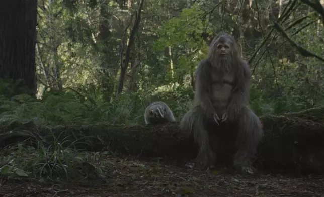 This image released by Bleeker Street shows Jesse Eisenberg in a scene from the film "Sasquatch Sunset." (Bleeker Street via AP)