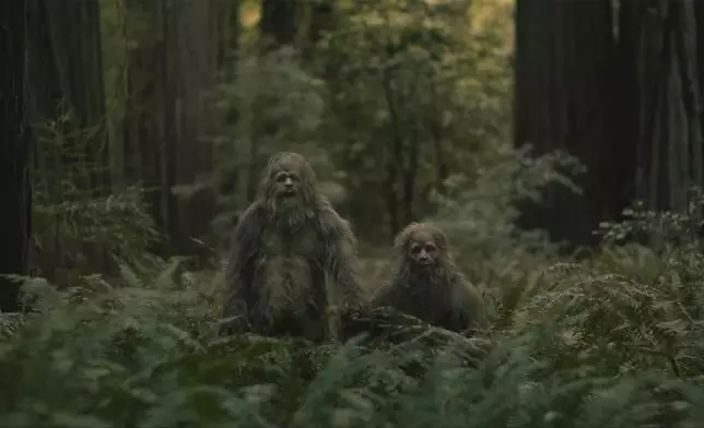 This image released by Bleeker Street shows Jesse Eisenberg and Christophe Zajac-Denek in a scene from the film "Sasquatch Sunset." (Bleeker Street via AP)