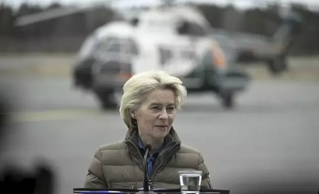President of the European Commission Ursula von der Leyen reacts during her joint press conference with Finnish Prime Minister Petter Orpo at the Lappeenranta airport, eastern Finland, Friday April 19, 2024. President von der Leyen and Prime Minister Orpo visited the eastern border region of Finland on Friday and discussed what Finland and the EU can do to prevent instrumentalised migration to Finland's eastern border. (Antti Aimo-Koivisto/Lehtikuva via AP)
