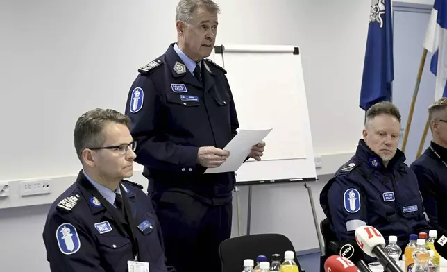 National Police Commissioner Seppo Kolehmainen speaks during a police press conference on the Viertola school shooting incident, in Vantaa, Finland, Tuesday, April 2, 2024. A 12-year-old student opened fire at a secondary school in southern Finland on Tuesday morning, killing one and seriously wounded two other students, police said. The suspect was later arrested. (Markku Ulander/Lehtikuva via AP)