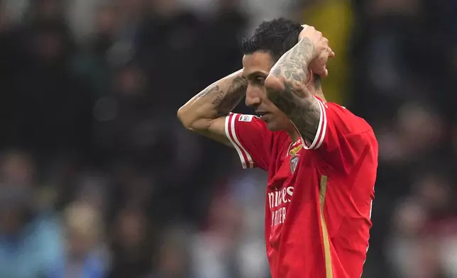 Benfica's Angel Di Maria reacts during the Europa League quarter final second leg soccer match between Olympique de Marseille and SL Benfica at the Velodrome stadium in Marseille, south of France, Thursday, April 18, 2024. (AP Photo/Daniel Cole)