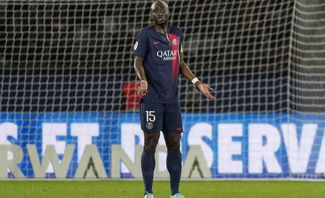 PSG's Danilo Pereira reacts after Clermont's Habib Keita scoring his side's opening goal during the French League One soccer match between Paris Saint-Germain and Clermont at the Parc des Princes stadium in Paris, Saturday, April 6, 2024. (AP Photo/Lewis Joly)