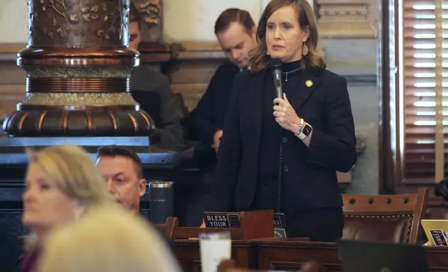 Kansas Senate Minority Leader Dinah Sykes, D-Lenexa, speaks against overriding Democratic Gov. Laura Kelly's veto of a proposed ban on gender-affirming care for minors. Sykes argues that the ban would deny transgender children crucial care that helps lessen severe depression and suicidal tendencies. (AP Photo/John Hanna)