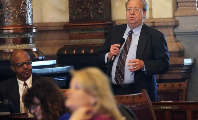 Kansas state Sen. Tom Holland, D-Baldwin City, speaks against overriding Democratic Gov. Laura Kelly's veto of a proposed ban on gender-affirming care for minors, Monday, April 29, 2024, at the Statehouse in Topeka, Kan. Holland suggested that the ban would send a message that Kansas is not welcoming. (AP Photo/John Hanna)