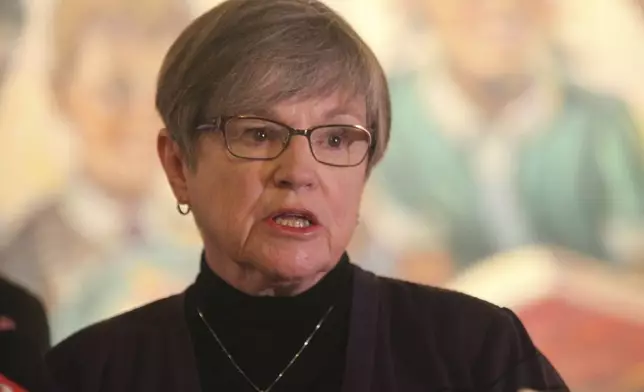 Kansas Gov. Laura Kelly speaks at a public event, Monday, April 29, 2024, at the Statehouse in Topeka, Kan. Kelly has vetoed a proposed ban on gender-affirming care for minors that also would bar state employees from advocating social transitioning for transgender children. (AP Photo/John Hanna)