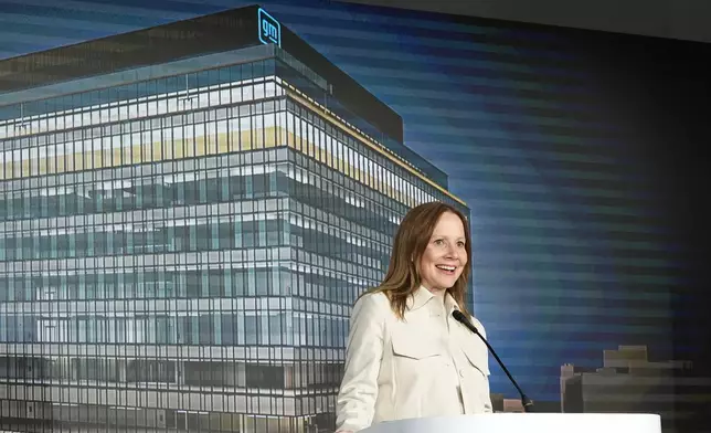 General Motors CEO Mary Barra addresses a news conference, Monday, April 15, 2024 in Detroit. GM plans to move its iconic Detroit headquarters to a new downtown office tower and redevelop its home office site. In addition, Bedrock, which owns multiple office buildings downtown, will join GM in studying redevelopment of the seven-building Renaissance Center now owned by GM. The new building is on the site of the old Hudson's department store in the heart of downtown. (AP Photo/Carlos Osorio)