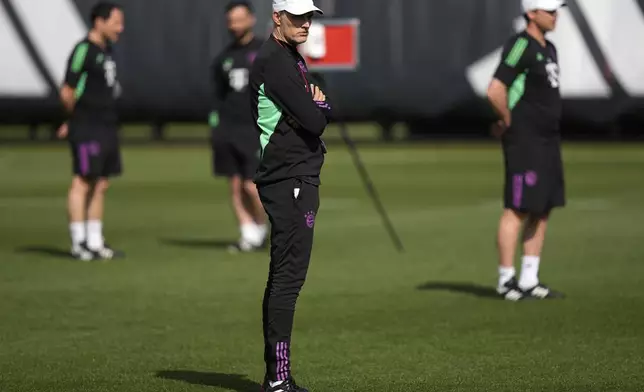 Bayern's head coach Thomas Tuchel attends a training session in Munich, Germany, Monday, April 29, 2024, ahead of the Champions League semi final first leg soccer match between FC Bayern Munich and Real Madrid. (AP Photo/Matthias Schrader)