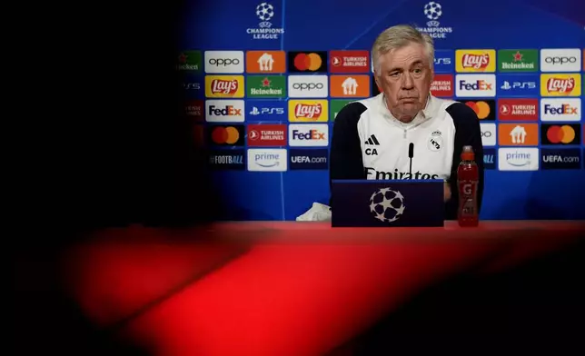 Real Madrid's head coach Carlo Ancelotti attends a press conference in Munich, Germany, Monday, April 29, 2024, ahead of the Champions League semi final first leg soccer match between FC Bayern Munich and Real Madrid. (AP Photo/Matthias Schrader)