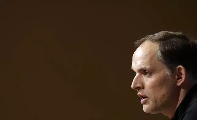 Bayern head coach Thomas Tuchel attends a news conference in Munich, Germany, Monday, April 29, 2024, ahead of the Champions League semi final first leg soccer match between FC Bayern Munich and Real Madrid. (AP Photo/Matthias Schrader)