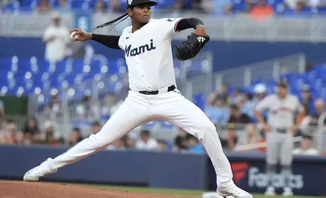 Miami Marlins pitcher Edward Cabrera aims a pitch during the first inning of a baseball game against the San Francisco Giants, Monday, April 15, 2024, in Miami. (AP Photo/Marta Lavandier)