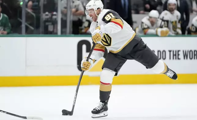 Vegas Golden Knights right wing Jonathan Marchessault (81) shoots during an attack in the second period in Game 1 of an NHL hockey Stanley Cup first-round playoff series against the Dallas Stars in Dallas, Monday, April 22, 2024. (AP Photo/Tony Gutierrez)