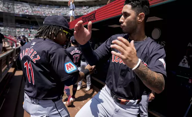 Cleveland Guardians' José Ramírez (11) and Brayan Rocchio (4) warm up before a baseball game against the Atlanta Braves, Sunday, April 28, 2024, in Atlanta. (AP Photo/Mike Stewart)