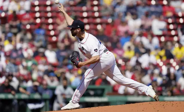 Boston Red Sox's Cutter Crawford pitches against the Cleveland Guardians during the first inning of a baseball game, Monday, April 15, 2024, in Boston. (AP Photo/Michael Dwyer)