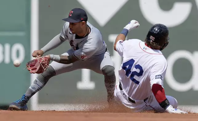 Boston Red Sox's Wilyer Abreu, right, steals second base as Cleveland Guardians' Brayan Rocchio gets the late throw during the fifth inning of a baseball game, Monday, April 15, 2024, in Boston. (AP Photo/Michael Dwyer)