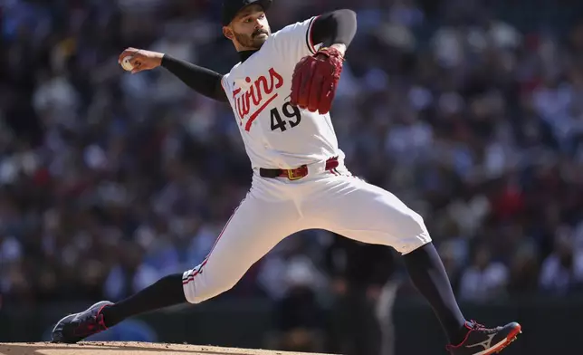 Minnesota Twins starting pitcher Pablo Lopez delivers during the first inning of a baseball game against the Cleveland Guardians, Thursday, April 4, 2024, in Minneapolis. (AP Photo/Abbie Parr)
