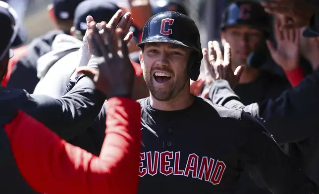 Cleveland Guardians' David Fry is congratulated on his three-run home run against the Minnesota Twins during the second inning of a baseball game, Saturday, April 6, 2024, in Minneapolis. (AP Photo/Matt Krohn)