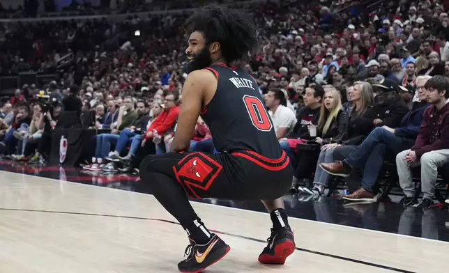 Chicago Bulls guard Coby White reacts to a call during the first half of the team's NBA basketball play-in tournament game against the Atlanta Hawks in Chicago, Wednesday, April 17, 2024. (AP Photo/Nam Y. Huh)