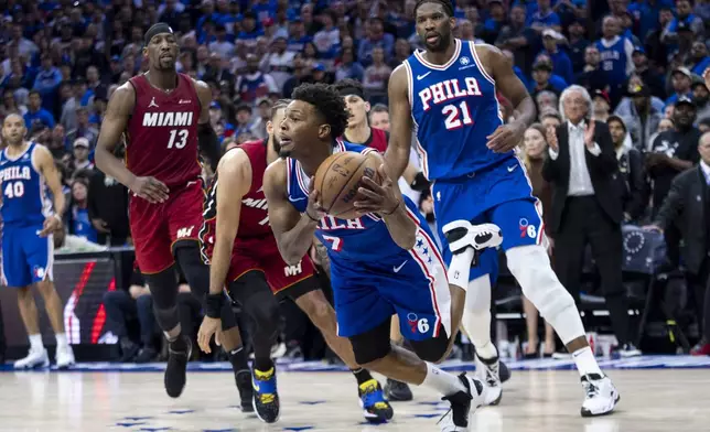 Philadelphia 76ers' Kyle Lowry, center, looks to pass the ball while losing his balance during the second half of an NBA basketball play-in tournament game against the Miami Heat, Wednesday, April 17, 2024, in Philadelphia. The 76ers won 105-104.(AP Photo/Chris Szagola)