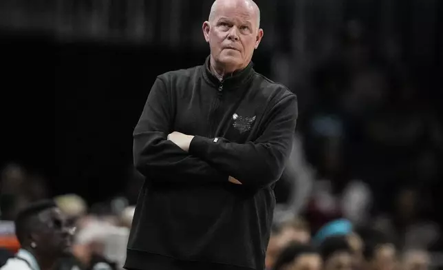 Charlotte Hornets head coach Steve Clifford watches play against the Atlanta Hawks during the first half of an NBA basketball game, Wednesday, April 10, 2024, in Atlanta. (AP Photo/Mike Stewart)