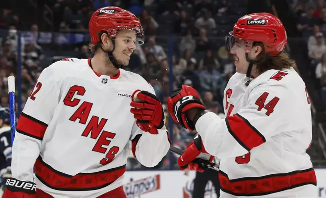 Carolina Hurricanes' Jesperi Kotkaniemi, left, and Maxime Comtois celebrate their goal against the Columbus Blue Jackets during the first period of an NHL hockey game Tuesday, April 16, 2024, in Columbus, Ohio. (AP Photo/Jay LaPrete)