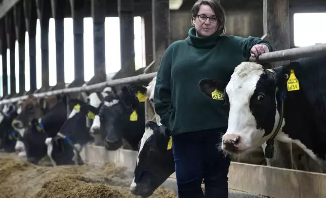 Jenni Tilton-Flood poses for a photograph in a dairy barn at Flood Brothers Farm, Wednesday, March 27, 2024, in Clinton, Maine. Foreign-born workers make up fully half the farm's staff of nearly 50, feeding the cows, tending crops and helping collect the milk — 18,000 gallons every day. (AP Photo/Robert F. Bukaty)