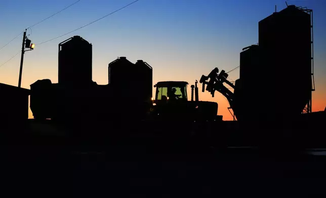 A worker drives a tractor to the feed silos at the Flood Brothers Farm, Monday, April 1, 2024, in Clinton, Maine. Foreign-born workers make up fully half the farm's staff of nearly 50, feeding the cows, tending crops and helping collect the milk — 18,000 gallons every day. (AP Photo/Robert F. Bukaty)